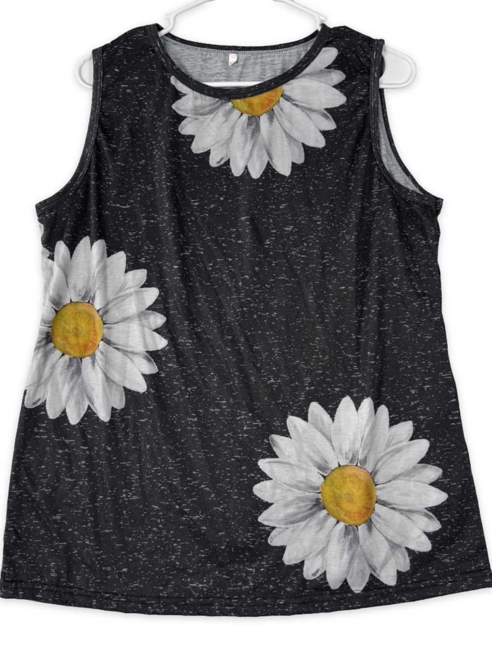 Womens Black Big Flower Sleeveless Top Size XL Daisy Print Stretch